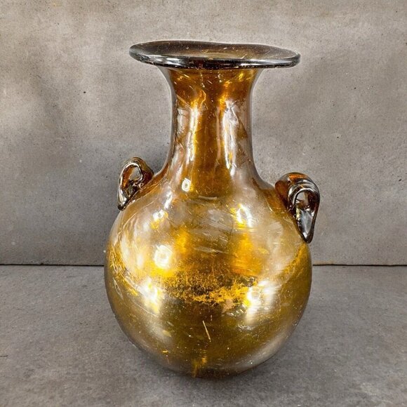 Vintage Egyptian Dark Amber Glass Vase Vessel Hand Blown With Handles Glass Vase - Picture 3 of 16